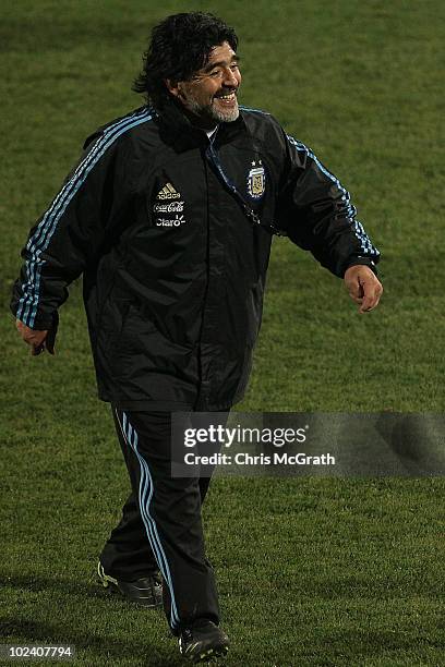 Argentina's head coach Diego Maradona walks off the pitch after a during a team training session on June 23, 2010 in Pretoria, South Africa.