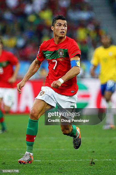 Cristiano Ronaldo of Portugal in action during the 2010 FIFA World Cup South Africa Group G match between Portugal and Brazil at Durban Stadium on...