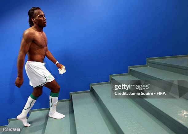 Didier Drogba of Ivory Coast walks back to the dressing room after the 2010 FIFA World Cup South Africa Group G match between North Korea and Ivory...