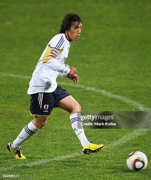 Shunsuke Nakamura passes at a Japan training session during the FIFA 2010 World Cup at Outeniqua Stadium on June 25, 2010 in George, South Africa.