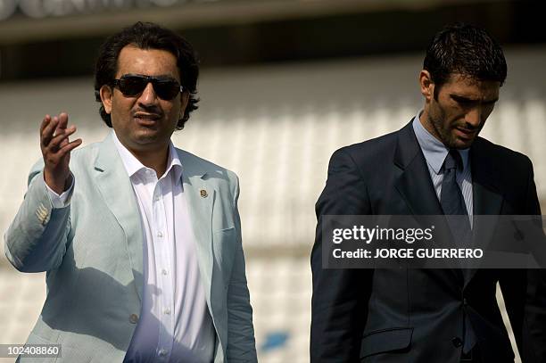 Sheikh Abdallah Ben Nasser Al-Thani , a member of the Qatari ruling family, arrives with the President of Malaga football club Fernando Sanz for his...