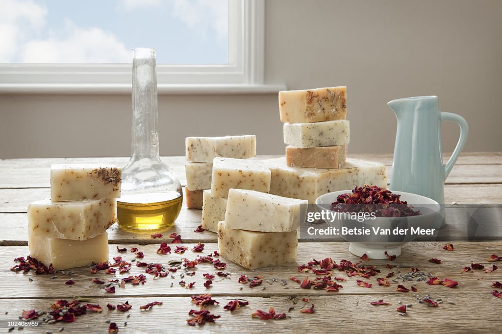 Stilllief of homemade soaps, with ingredients