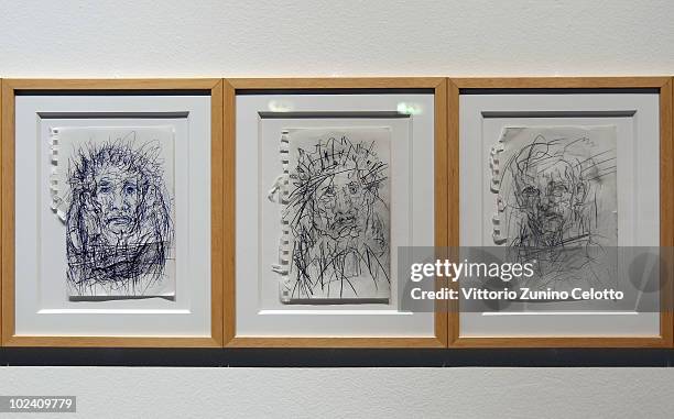 Paintings by singer and poet Alan Vega are displayed at 'It's Not Only Rock'n'Roll Baby' Exhibition At Triennale Bovisa on June 25, 2010 in Milan,...