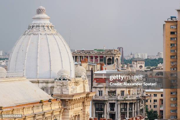 high angle view of bucharest cityscape with dome of national history museum on the left - romanian national museum of history stock pictures, royalty-free photos & images