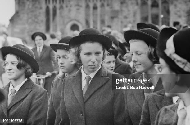 Princess Anne pictured in centre with fellow pupils during her first term at Benenden School for girls in Kent, England on 23rd September 1963.