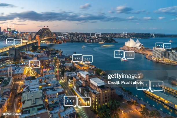 blank space for text on sydney city and bubble chat for communication. technology and communication concept. internet of things - economic discussion stock pictures, royalty-free photos & images