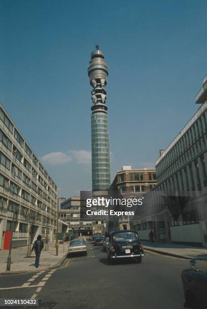 Communication tower BT Tower, also known as Post Office Tower, London, UK, circa 1970.