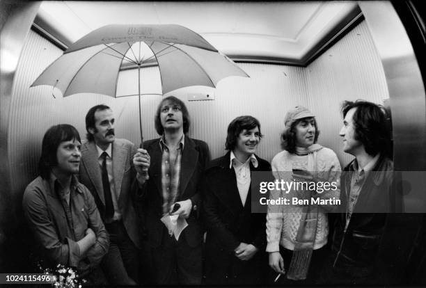 Monty Python gang Terry Jones, John Cleese, Michael Palin, Eric Idle, Graham Chapman, Terry Gilliam, Los Angeles, May 16th, 1975.