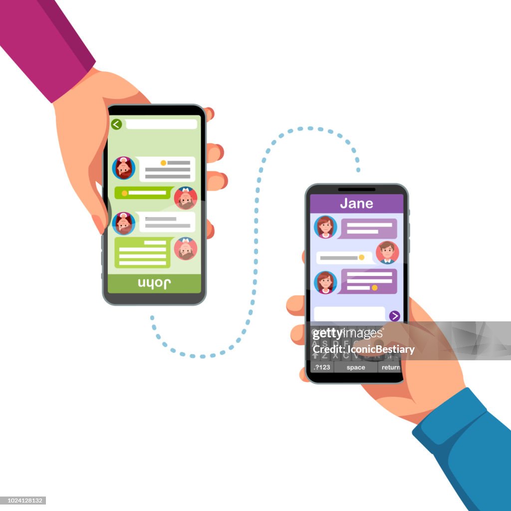 People Hands Holding Phones Sending Text Messages To Each Other Using ...