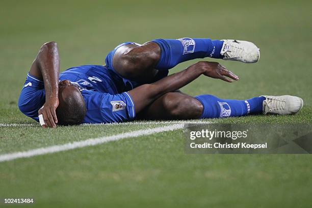 Osman Chavez of Honduras lies on the pitch injured during the 2010 FIFA World Cup South Africa Group H match between Switzerland and Honduras at the...
