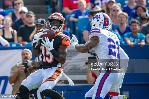 John Ross of the Cincinnati Bengals makes a touchdown reception on the Bengals' first offensive play against the Buffalo Bills at New Era Field on...