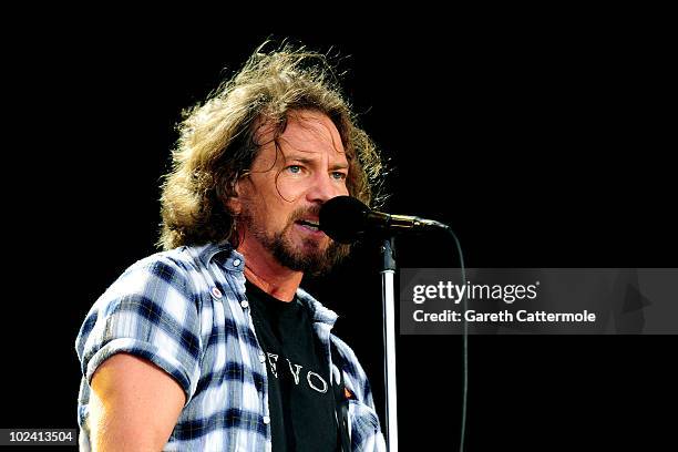 Eddie Vedder of Pearl Jam performs during day 1 of the Hard Rock Calling festival held in Hyde Park on June 25, 2010 in London, England.