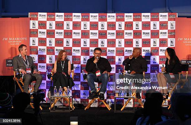 Writer Luke Davies, writer Mona Simpson, cartoonist Lalo Alcaraz, filmmaker Charles Burnett and Laurie Ochoa of Slake Media onstage during the...