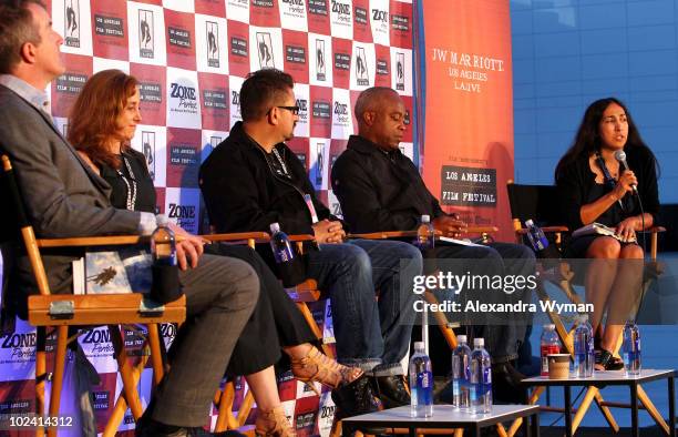 Writer Luke Davies, writer Mona Simpson, cartoonist Lalo Alcaraz, filmmaker Charles Burnett and Laurie Ochoa of Slake Media onstage during the...