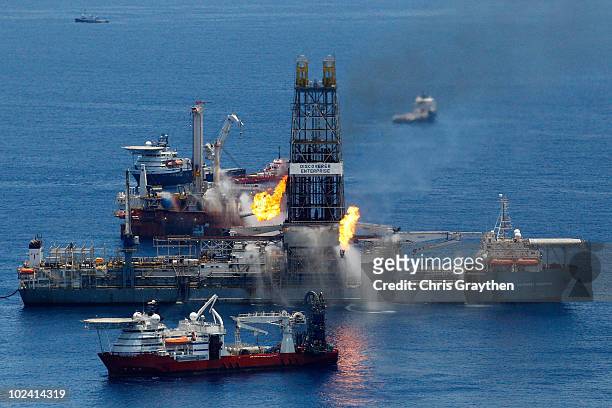 The Transocean Discoverer Enterprise drillship burns off gas collected at the BP Deepwater Horizon oil spill in the Gulf of Mexico off the coast of...