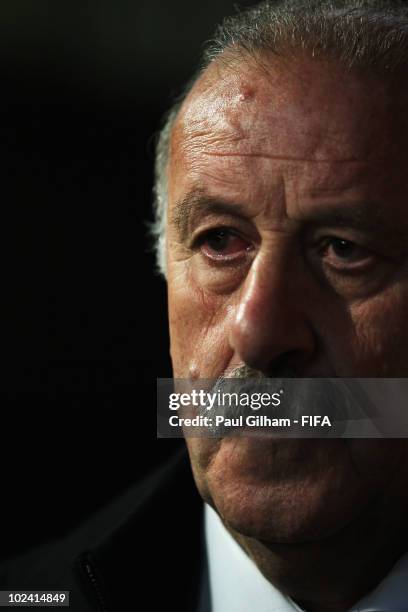 Vicente del Bosque head coach of Spain watches the 2010 FIFA World Cup South Africa Group H match between Chile and Spain at Loftus Versfeld Stadium...