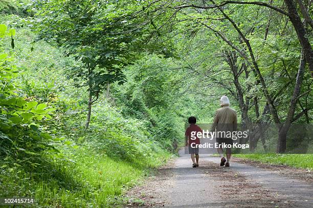 boy and grandfather walking hand in hand - 2 people back asian imagens e fotografias de stock