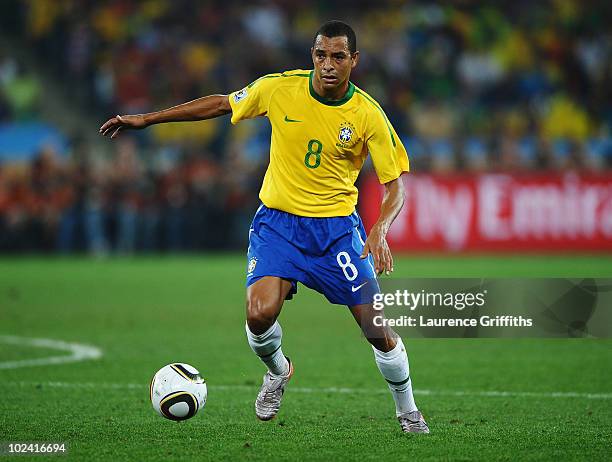 Gilberto Silva of Brazil in action during the 2010 FIFA World Cup South Africa Group G match between Portugal and Brazil at Durban Stadium on June...