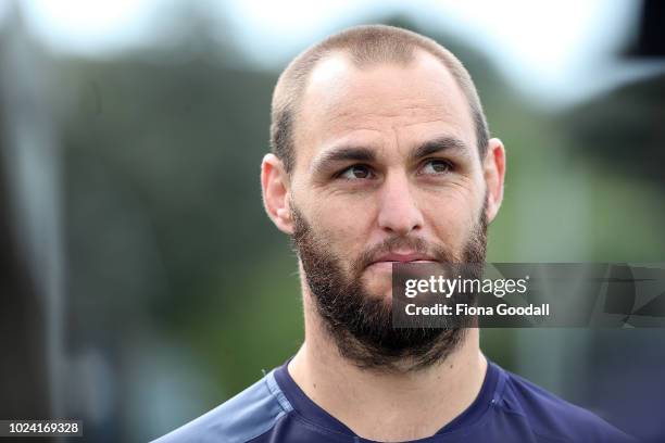 Simon Mannering speaks to media ahead of his 300th match for the Warriors during a New Zealand Warriors NRL media opportunity at Mt Smart Stadium on...