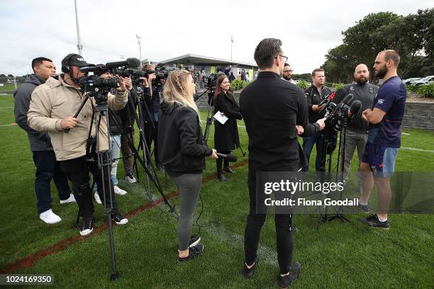 Simon Mannering speaks to media ahead of his 300th match for the Warriors during a New Zealand Warriors NRL media opportunity at Mt Smart Stadium on...