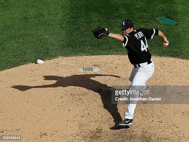 Starting pitcher Jake Peavy of the Chicago White Sox delivers the ball against the Chicago Cubs at U.S. Cellular Field on June 25, 2010 in Chicago,...
