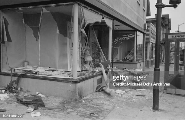 Wrecked shopfront during the 1964 Rochester race riot in Rochester, New York State, 25th-26th July 1964.