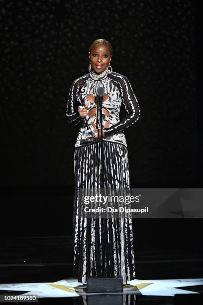 Mary J. Blige speaks onstage during the Black Girls Rock! 2018 Show at NJPAC on August 26, 2018 in Newark, New Jersey.