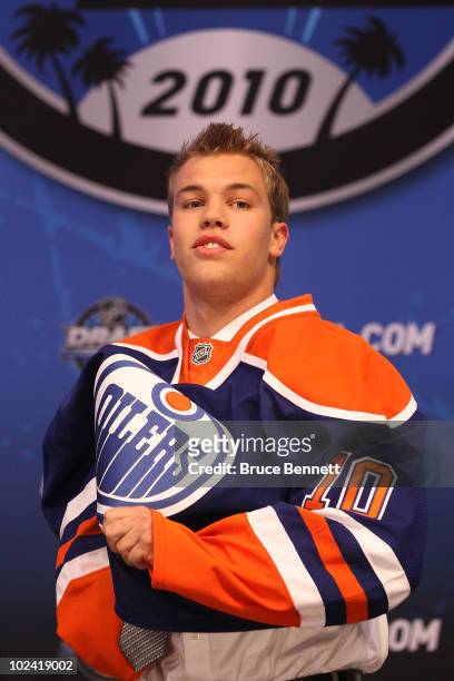 Taylor Hall, drafted overall by the Edmonton Oilers, puts on his jersy during the 2010 NHL Entry Draft at Staples Center on June 25, 2010 in Los...