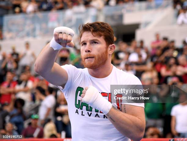 Canelo Alvarez warms up during a media workout before his fight against Gennady "GGG" Golovkin at the Banc of California Stadium on August 26, 2018...