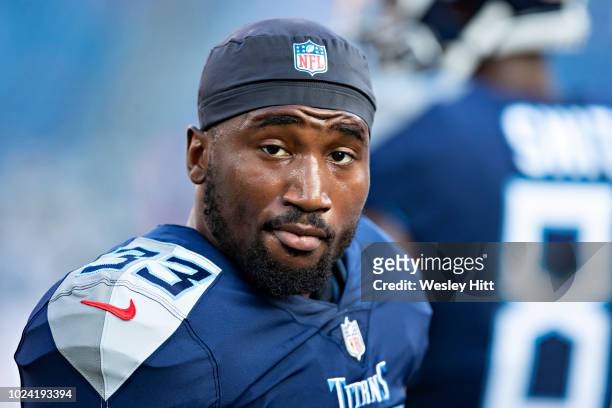 Dion Lewis of the Tennessee Titans on the sidelines before a game against the Tampa Bay Buccaneers at Nissan Stadium during week 2 of the preseason...
