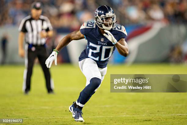 Demontre Hurst of the Tennessee Titans at the line of scrimmage during a game against the Tampa Bay Buccaneers at Nissan Stadium during week 2 of the...