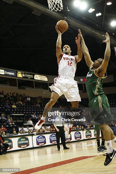 Will Conroy of the Rio Grande Valley Vipers lays up a shot against the Reno Bighorns on April 13, 2010 at the State Farm Arena in Hidalgo, Texas....