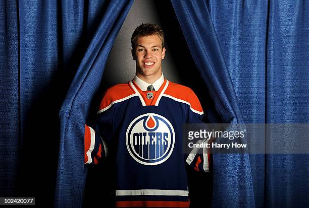Taylor Hall, drafted first overall by the Edmonton Oilers, poses for a portrait during the 2010 NHL Entry Draft at Staples Center on June 25, 2010 in...