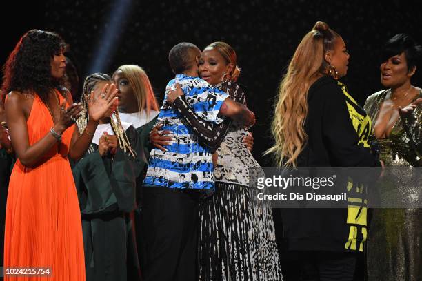 Naomi Campbell, Lena Waithe, Mary J. Blige, Queen Latifah and Beverly Bond onstage during the Black Girls Rock! 2018 Show at NJPAC on August 26, 2018...