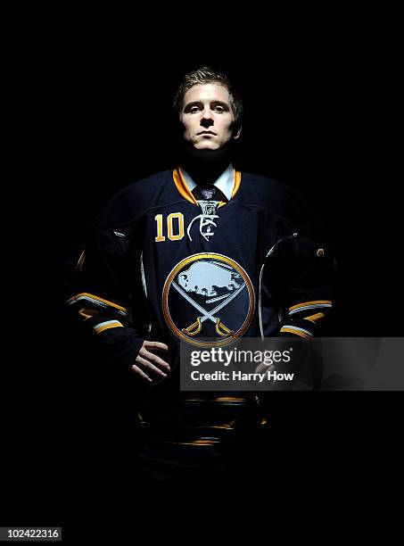 Mark Pysyk, drafted 23rd overall by the Buffalo Sabres, poses on stage during the 2010 NHL Entry Draft at Staples Center on June 25, 2010 in Los...