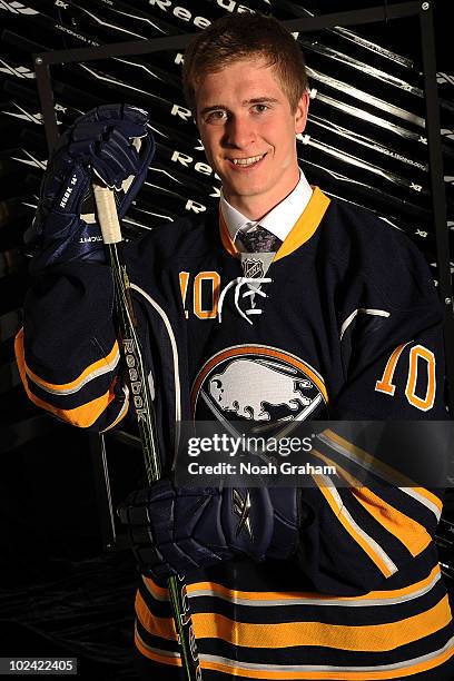 Mark Pysyk, drafted 23rd overall by the Buffalo Sabres, poses on stage during the 2010 NHL Entry Draft at Staples Center on June 25, 2010 in Los...