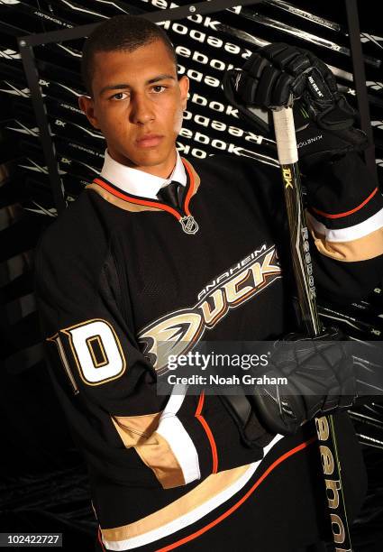 Emerson Etem, drafted 29th overall by the Anaheim Ducks, poses for a portrait during the 2010 NHL Entry Draft at Staples Center on June 25, 2010 in...
