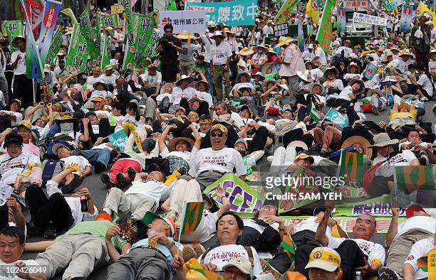 Protesters from Taiwan's main opposition Democratic Progressive Party lie on the ground during an anti-ECFA demonstration in Taipei on June 26, 2010....
