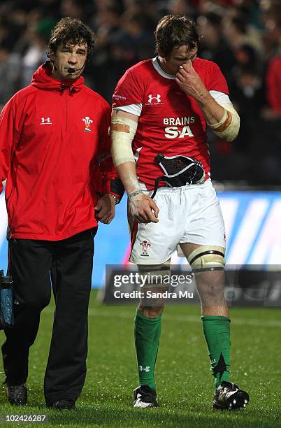 Ryan Jones of Wales walks from the field injured during the test match between the New Zealand All Blacks and Wales at Waikato Stadium on June 26,...