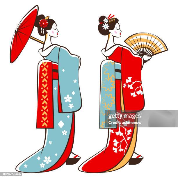 stockillustraties, clipart, cartoons en iconen met geisha - kimono