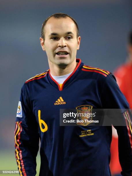 Andres Iniesta of Spain looks on during the 2010 FIFA World Cup South Africa Group H match between Chile and Spain at Loftus Versfeld Stadium on June...