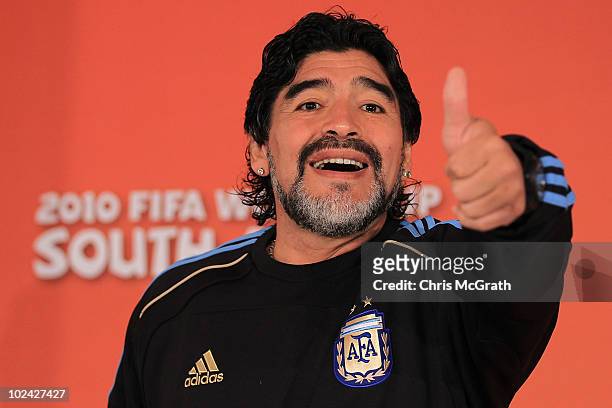 Argentina's head coach Diego Maradona gestures to a member of the media during a press conference at Loftus Versefeld Stadium on June 26, 2010 in...