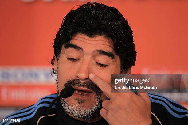 Argentina's head coach Diego Maradona speaks to the media during a press conference at Loftus Versefeld Stadium on June 26, 2010 in Pretoria, South...