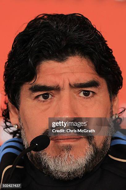 Argentina's head coach Diego Maradona speaks to the media during a press conference at Loftus Versefeld Stadium on June 26, 2010 in Pretoria, South...