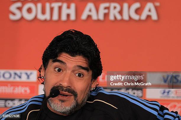 Argentina's head coach Diego Maradona speaks to the media during a press conference at Loftus Versefeld Stadium on June 26, 2010 in Pretoria, South...