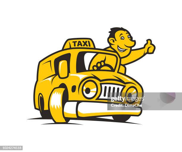 ilustrações, clipart, desenhos animados e ícones de desenhos animados amarelo táxi com motorista de táxi - taxista