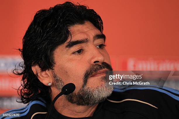 Argentina's head coach Diego Maradona speaks to the media during a press conference at Loftus Versefeld Stadium on June 26, 2010 in Pretoria, South...