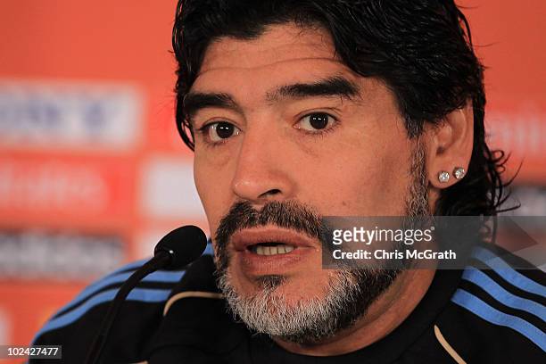 Argentina's head coach Diego Maradona speaks to the media during a press conference at Loftus Versefeld Stadium on June 26, 2010 in Pretoria, South...
