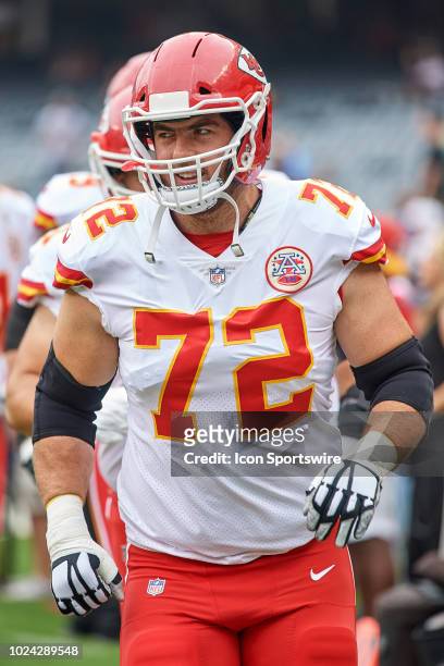 Kansas City Chiefs offensive tackle Eric Fisher warms up prior to game action in a preseason NFL game between the Kansas City Chiefs and the Chicago...