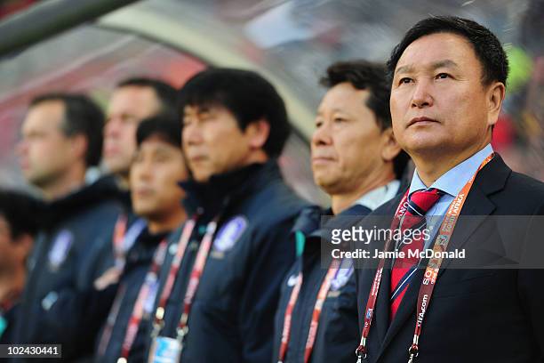 Huh Jung Moo head coach of South Korea looks on prior to the 2010 FIFA World Cup South Africa Round of Sixteen match between Uruguay and South Korea...
